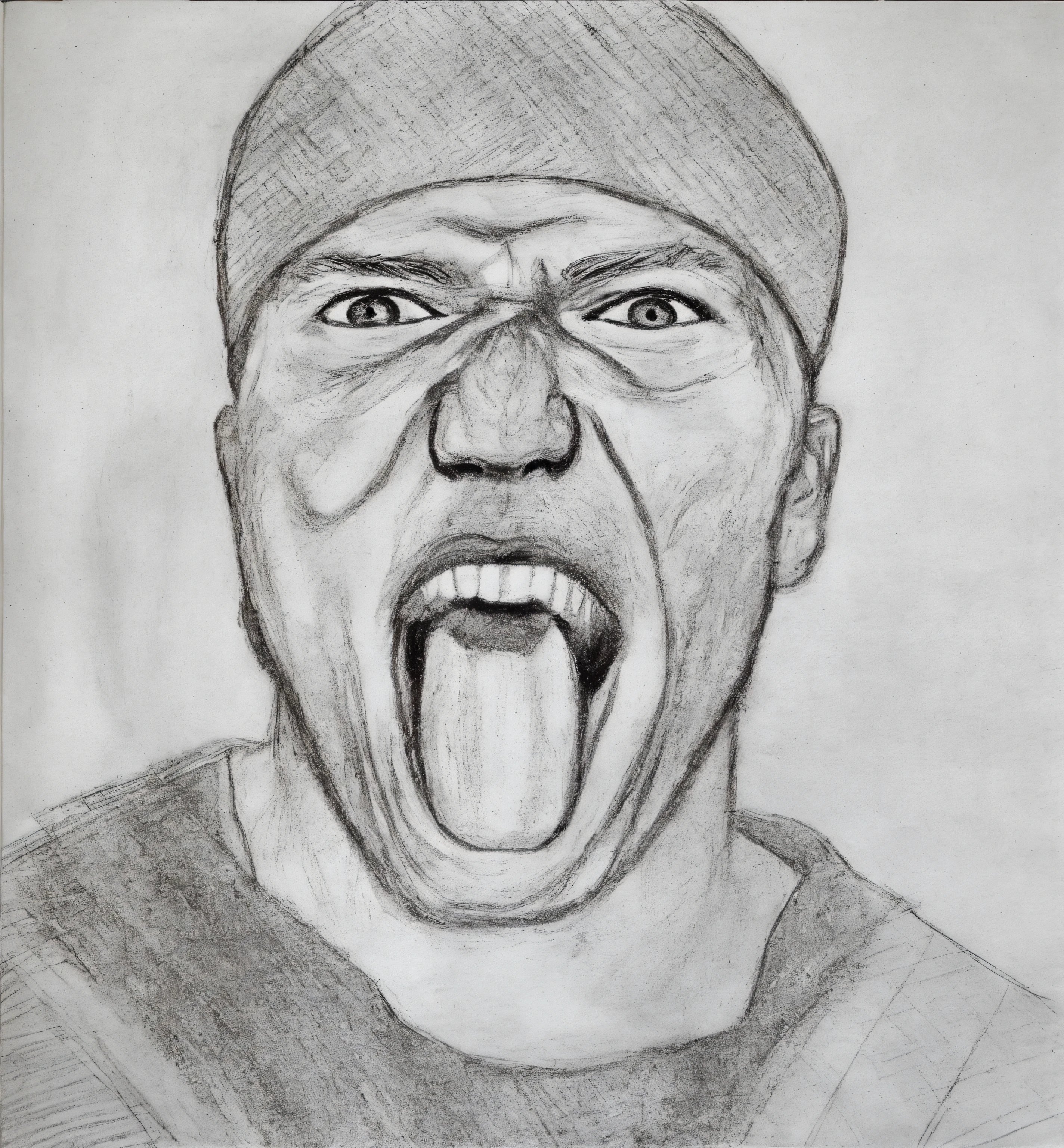 dessin d'a man with a hat and a beard making a face, man yelling, anger. super detailed, yelling. not realistic, yelling face, Ray Lewis crie, angry man, opened mouth, with opened mouth, he is yelling, Portrait effrayant, intense yelling expression, pose de anger effrayante, opened mouth, Realistic self-portrait, crayon sur papier, Portrait africain de Jesse Pinkman