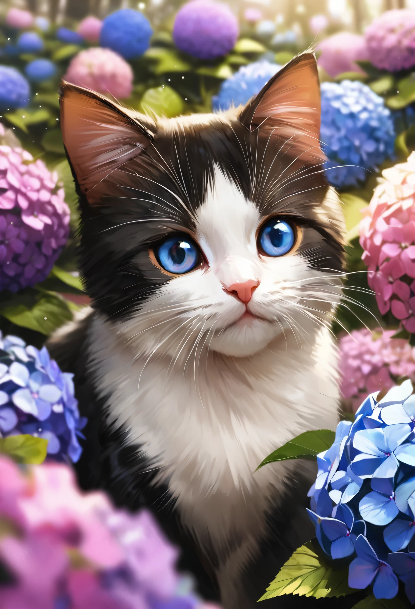 Hydrangea Park, kitten,Blur the background,Glitter effect,Highest quality, 4K, 8K, High resolution, masterpiece:1.2, Very detailed, Realistic:1.37, High resolution, 超High resolution, Ultra-fine painting, Sharp focus, Physically Based Rendering, Very detailedな説明, Professional, Vibrant colors