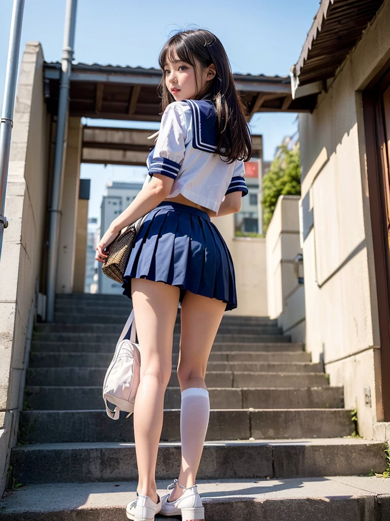 (Highest quality, 8K, 32k ..., Tabletop, Hmph (English) (English) (English) (English) (English) (English) (English) (English) (English) (English) (English):1.2), (Raw photo), (Realistic), (Realistic:1.2), (High resolution), Huge file size, Super detailed, Very beautiful face & eye, One girl, (upon, 13 years:1.5), young woman, (Round and small face, Small waist,  Huge, Slim figure), (School uniform, sailor fuku, sera fuku, Sailor suit, Dark blue pleated skirt:1.4), (From below, From the back, White Thong, between legs, Panty shot1.4, Panty shot:1.4), City at Dawn ((Stairs to the roof:1.3)), (Japanese school bags, Randoseru bag:1.3),