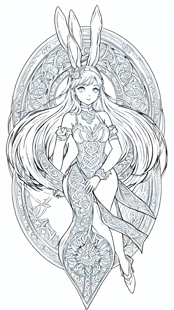 (Bunny girl:1.5), 4k, black and white drawing of circular design, intricate thin lines, centering radial design, coloring pages, simplified zentangle, coloring book outline, black and white only, no outline, intricate designs, coloring book, celtic design, intricate lines, no gradients