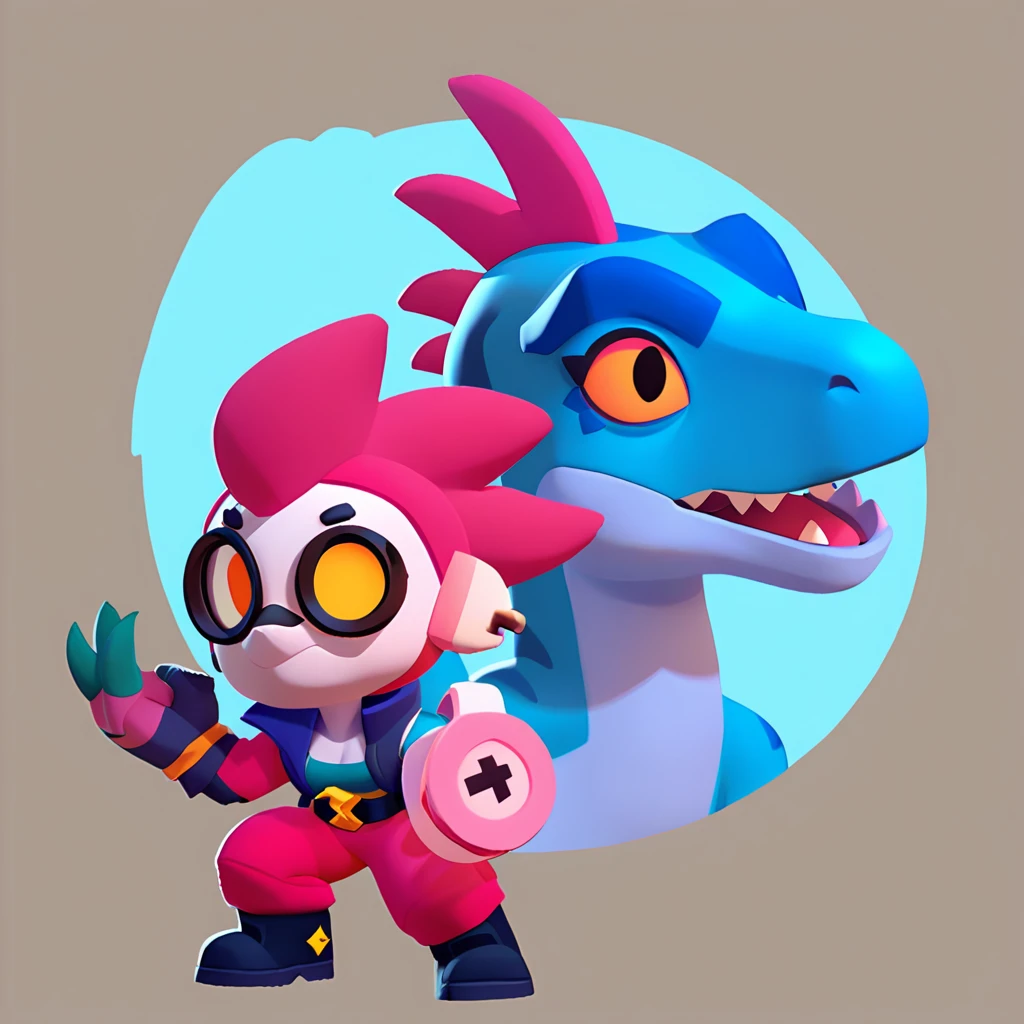 full view of a dinosaur, female, dark blue skin, friendly dinosaur, having pink and white buoy, dinosaur animal, brawl, brawl stars