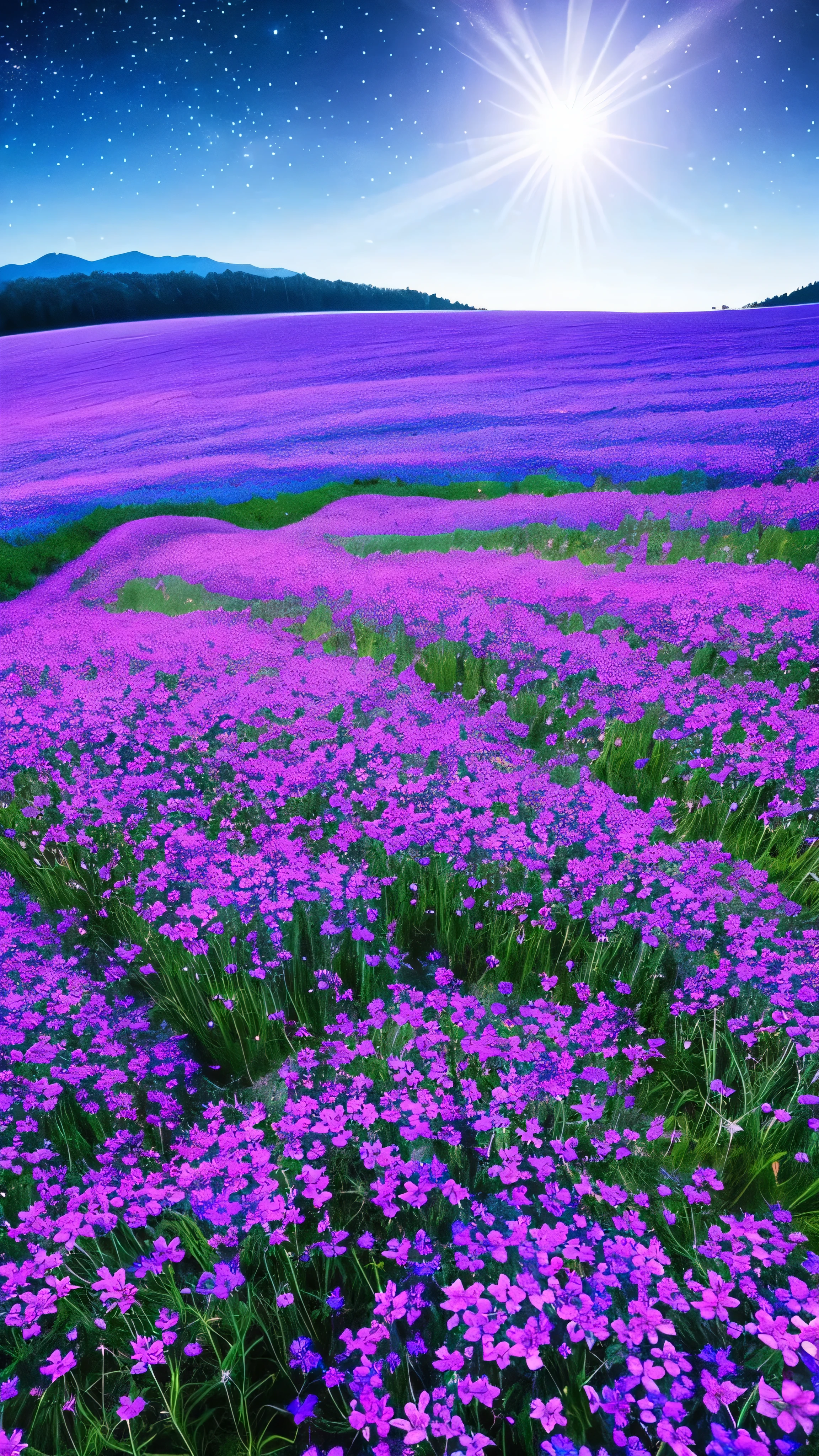 Starry and floral night sky, Flower field at night, night sky full of flowers, Moonlight shining on wildflowers, blue flower field, Glowing Flower, Glowing Flower, By Kaii Higashiyama, by Oze Kanaoka, Starry Night!!!!!!!!!!!!!!!!!!!!, Written by Eizan Kikukawa, by Haku Maki, 🌺 society