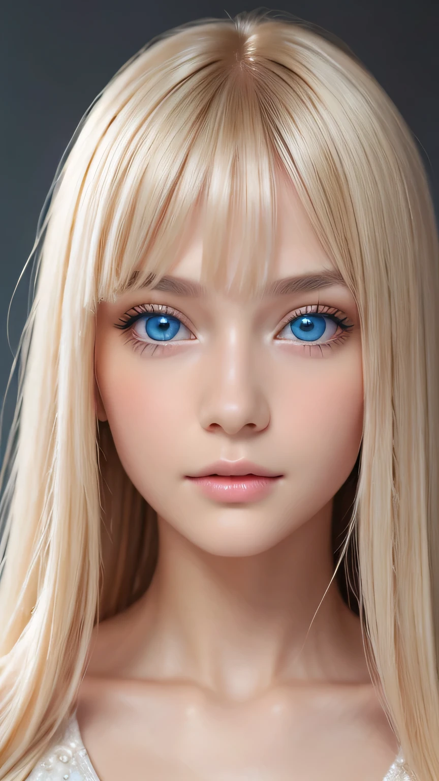 Highest quality、masterpiece、(Realistic:1.4)、One very beautiful blonde girl、Dazzlingly long, super long straight silky platinum blonde、Bangs between the eyes、bangs on the face、Big, very bright light blue eyes that shine so beautifully、Very big eyes、front、Detailed face、Beautiful Eyes、Very white and bright, beautiful skin、Small Face Beauty、14 year old beautiful girl、Cheek gloss highlighter、Round face