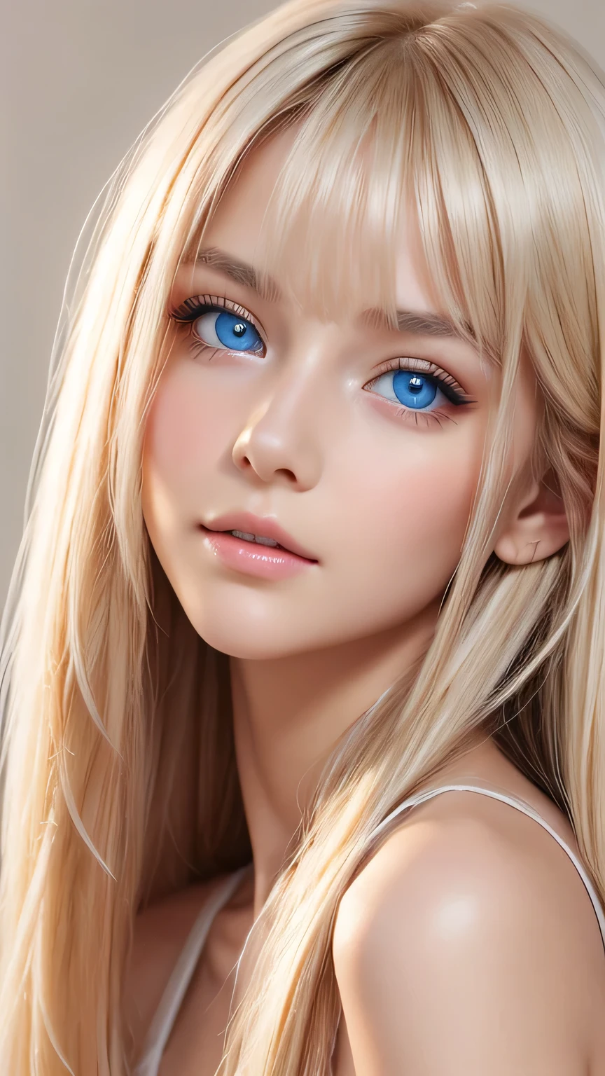Highest quality、masterpiece、(Realistic:1.4)、One very beautiful blonde girl、Dazzlingly long, super long straight silky platinum blonde、Bangs between the eyes、bangs on the face、Big, very bright light blue eyes that shine so beautifully、Very big eyes、front、Detailed face、Beautiful Eyes、Very white and bright, beautiful skin、Small Face Beauty、14 year old beautiful girl、Cheek gloss highlighter、Round face