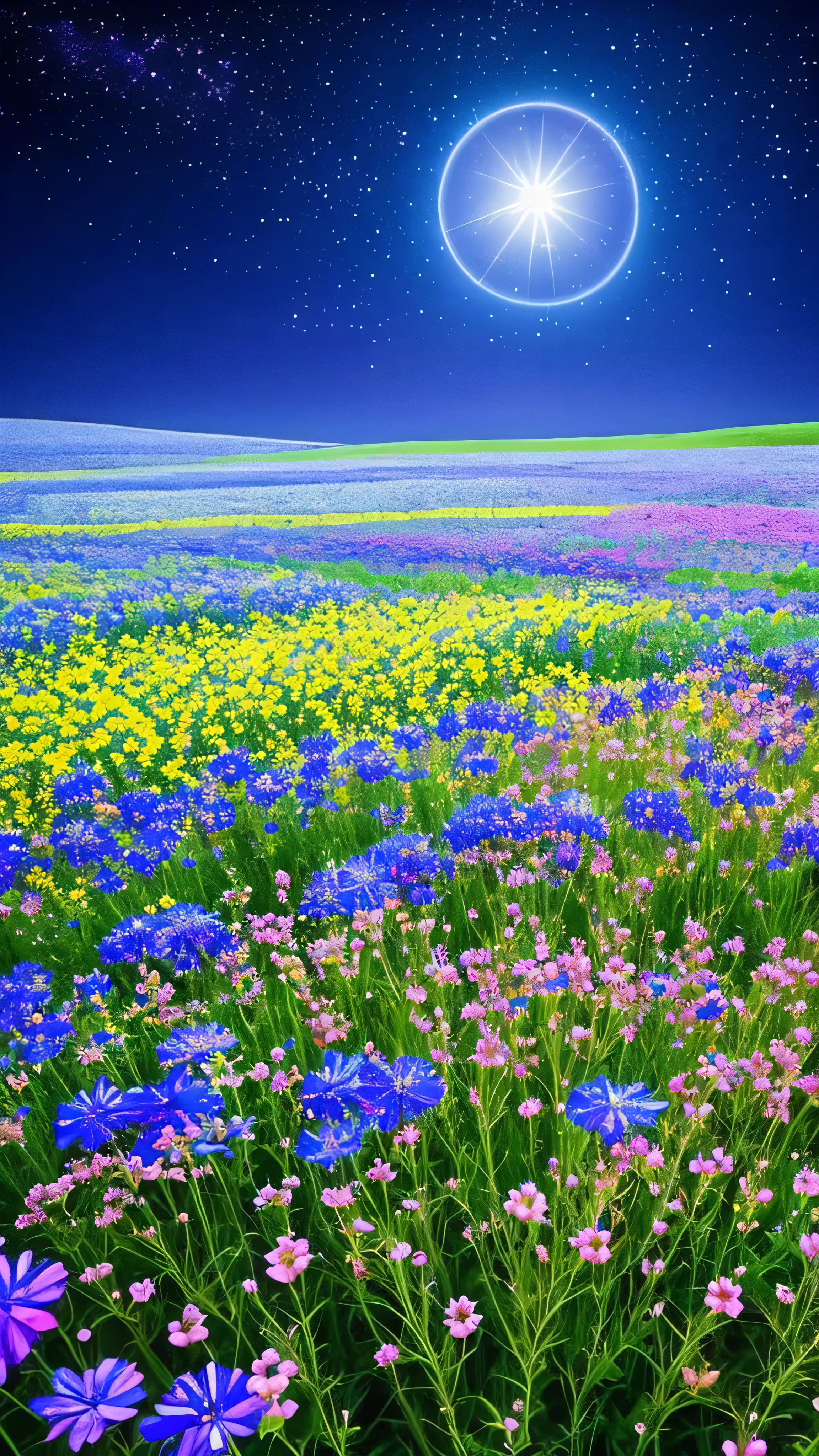 Starry and floral night sky, Flower field at night, night sky full of flowers, Moonlight shining on wildflowers, blue flower field, Glowing Flower, Glowing Flower, By Kaii Higashiyama, by Oze Kanaoka, Starry Night!!!!!!!!!!!!!!!!!!!!, Written by Eizan Kikukawa, by Haku Maki, 🌺 society