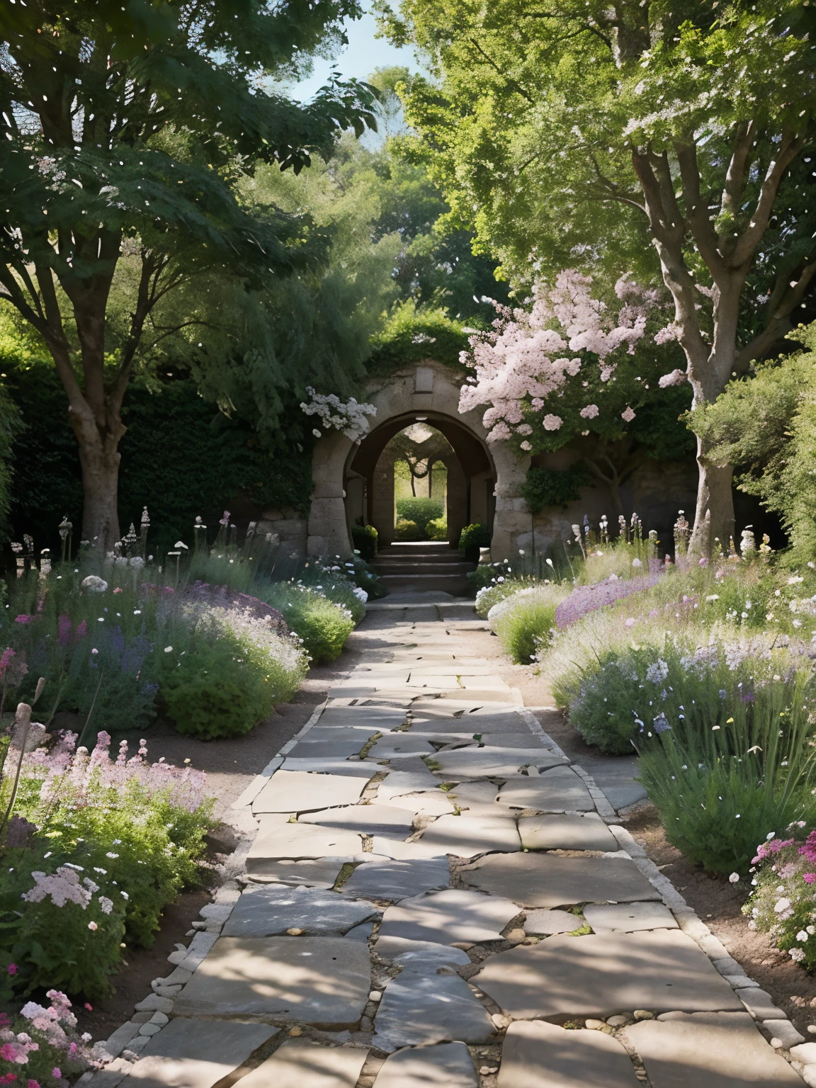 a garden filled with lots of purple and white flowers, path, cascade, elm tree, beautiful”, arch, delicate soft hazy lighting, muted dramtic color, cherry blossums, rocky ground with a dirt path, blue border, branching hallways, in the hillside, hemlocks, beatiful