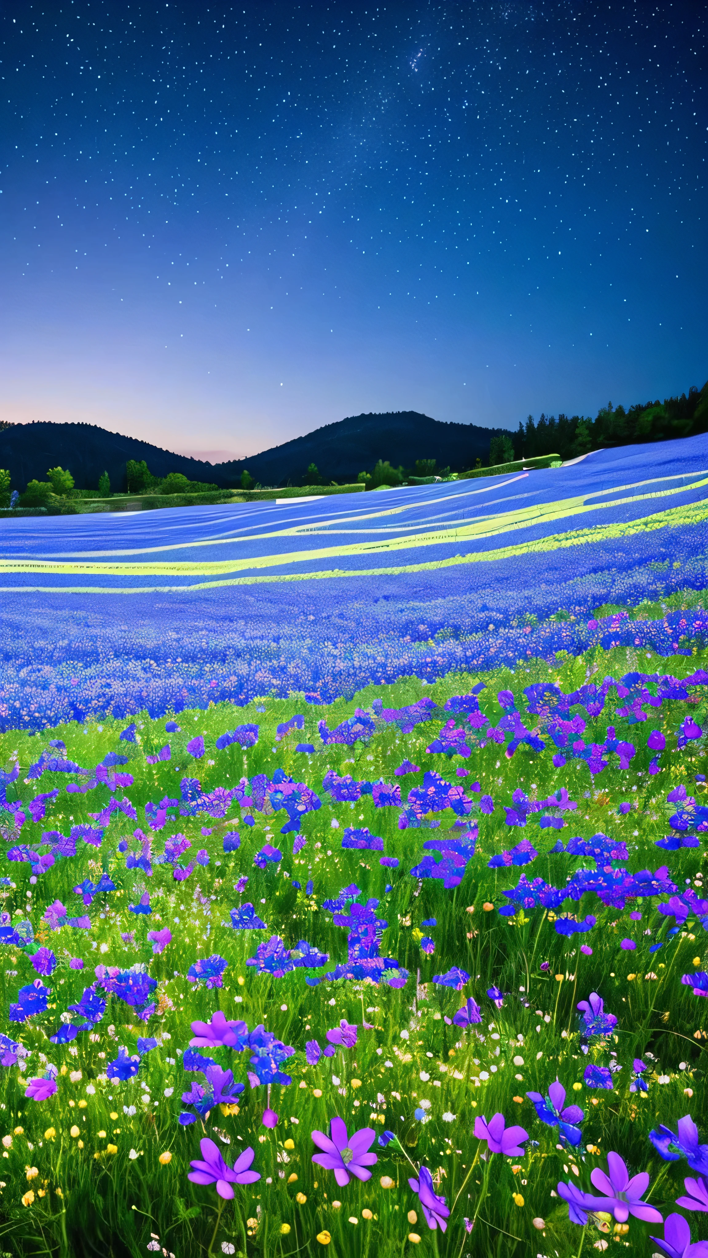 Starry and floral night sky, Flower field at night, night sky full of flowers, Moonlight shining on wildflowers, blue flower field, Glowing Flower, Glowing Flower, By Kaii Higashiyama, by Oze Kanaoka, Starry Night!!!!!!!!!!!!!!!!!!!!, Written by Eizan Kikukawa, by Haku Maki, 🌺 society