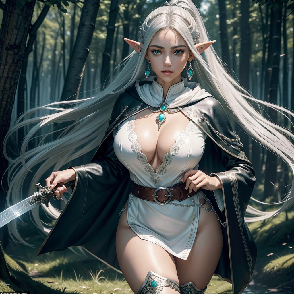 (Full body image, realistic 3d anime style), (of a beautiful light-skinned brunette woman), long white hair, (ponytail style)( (perfect beauty)) ((detailed face)), ((symmetrical face)), ((detailed green eyes )), (pointed elven ears) (silver earrings in the ears decorated with a small blue diamond), (beautiful lips), ((perfect body)),(( voluptuous body)), ((large breasts)) on the chest a silver chain of the that hangs a circular medallion, decorated with a blue diamond in the center, (narrow waist) ((thick thighs)), Beautyfull red dress with a qipao collar with a short skirt, long sleeves, low-cut in the center (letting you see the upper part of the breasts), ( white hooded cape, tied in front with two circular brooches attached to a silver chain), (leather belt with a metal loop decorated with intricate details), ((wears a short silver sword on the belt)), black leather gloves with cuffs,( black leather ankle boots with flap), walking through a beautiful white birch forest, on a sunny day ,blue sky, Beautyfull clouds ,HD resolution, 8k, volumetric light, masterpiece, high quality,