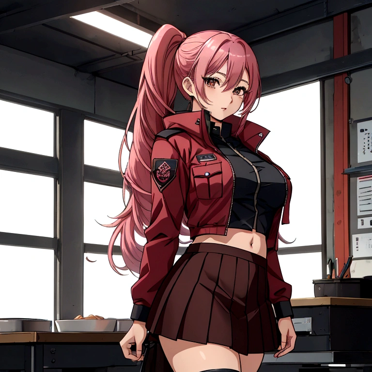 Yunna itadori,female version of yuji itadori, have same uniform as nobara have but she has red hood in her uniform,she have long pink hair,brown eyes , huge  ,vissible belly and leg ,short skirt,tall,8K,looking at viewer