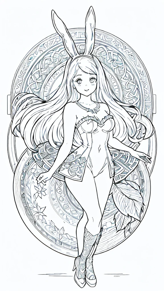 (Bunny girl:1.5), 4k, black and white drawing of circular design, intricate thin lines, centering radial design, coloring pages, simplified zentangle, coloring book outline, black and white only, no outline, intricate designs, coloring book, celtic design, intricate lines, no gradients