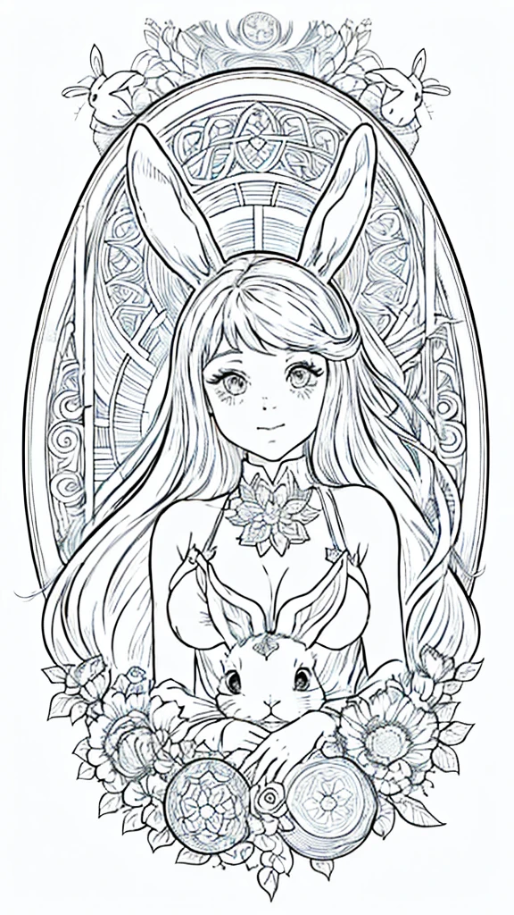 (Bunny girl:1.5), 4k, black and white drawing of circular design, intricate thin lines, centering radial design, coloring pages, simplified zentangle, coloring book outline, black and white only, no outline, intricate designs, coloring book, celtic design, intricate lines, no gradients