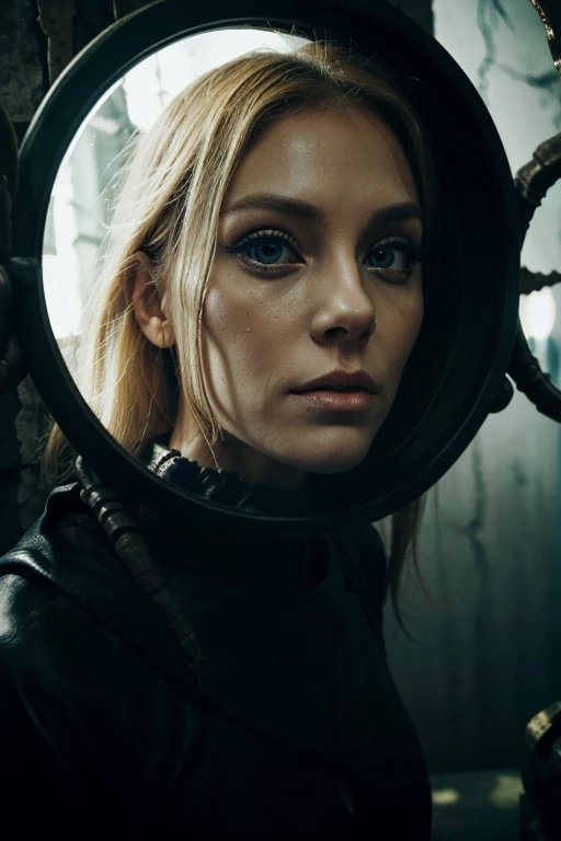 Huge eye in the air.Necromorph blonde looks into the huge eye opposite her,like in a mirror, reflection,veins,bony hand,nature,skull waterfall,horror, mysticism phenomenon fantasy, realistically