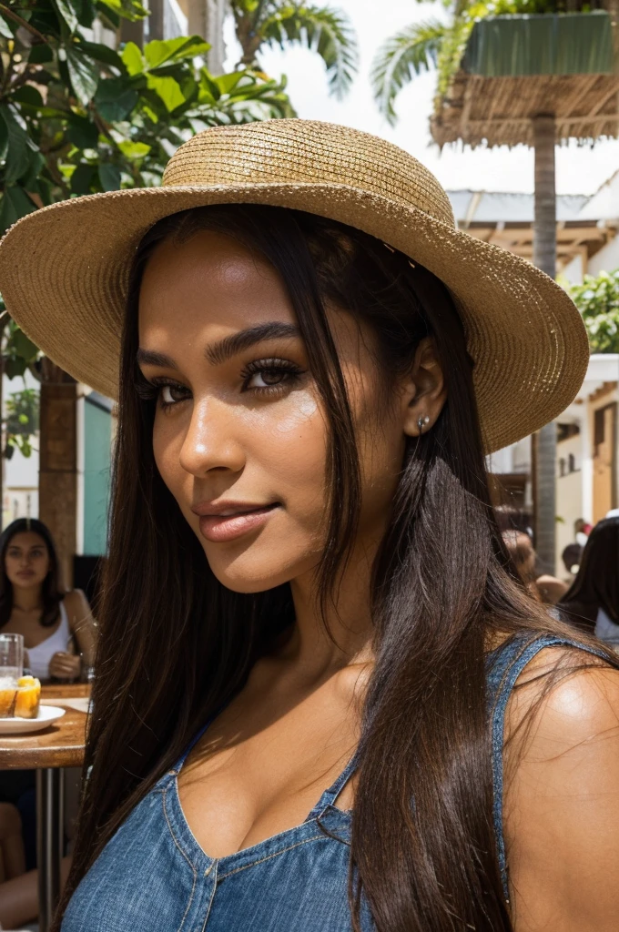 Ultra realistic photograph of Colombian Venezuelan mix girl, realistic face, textured skin, goosebumps, realistic long dark brown straight hair, perfect dark brown eyes, seductive look, modern summer outfit, panama hat, slightly smiling, looking on side, sitting in a cafe, lots of vegetation, summer day, full body on picture, posing for photo