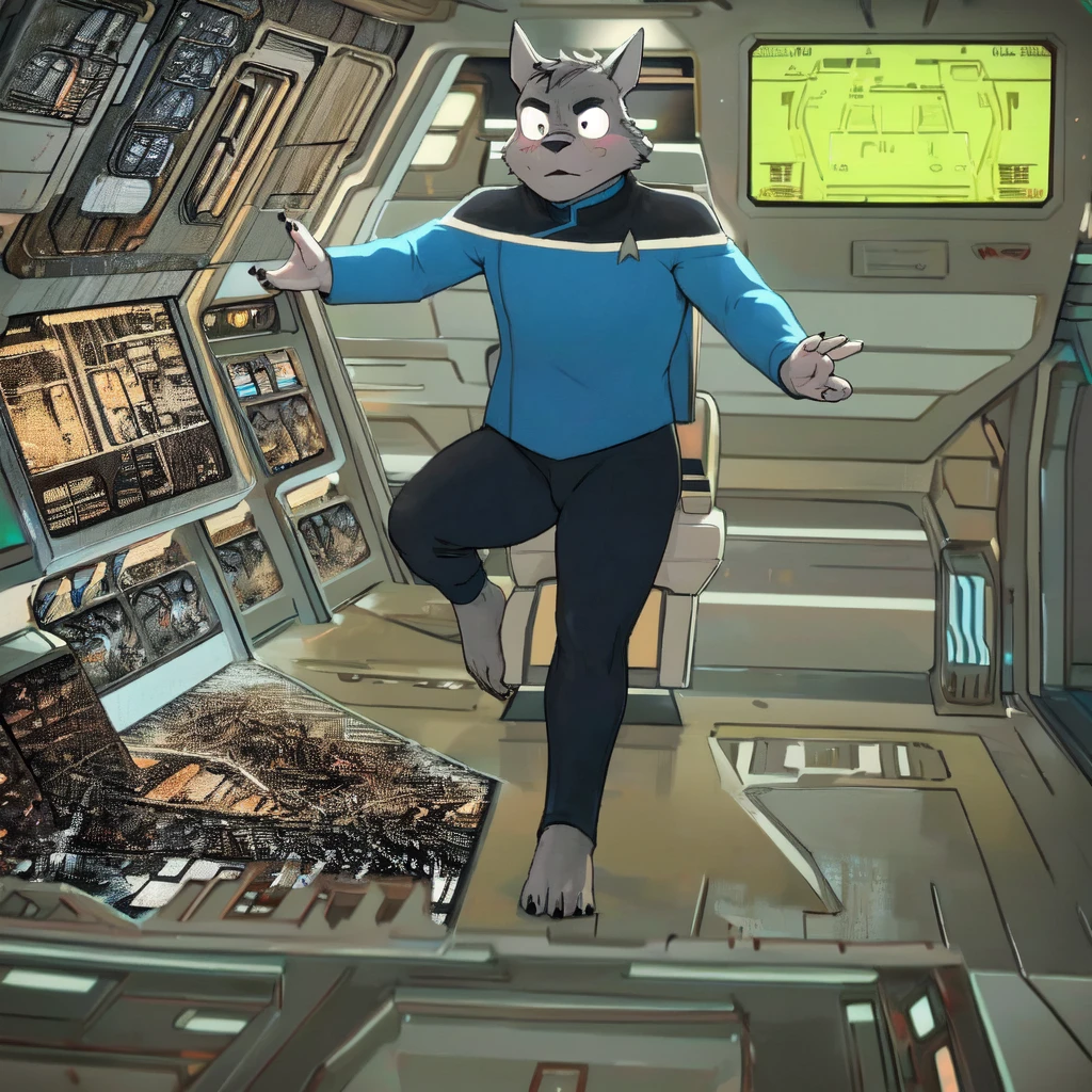 (((Barefoot furry character, full body, cinematic setting, furry male, plantigrade))) 
((Totoro)), studio ghibili, furry, big, fat, whiskers, grey skin, claws,
exudes confidence and authority on starship bridge, ((wears star trek lower decks uniform))), ((sttldunf star trek black and blue uniform)), long black pants, black shoulders, muscular figure, dynamic pose, action expression
((Bridge of starship with many screens and consoles)), futuristic look, metalic, bright colors
BREAK, intricate details, highly detailed, extreme detail, octane render, fine art, best quality, highres, (detailed face:1.5), ((full_body)), UHD, (((perfect hands))), ((low light:1.5))