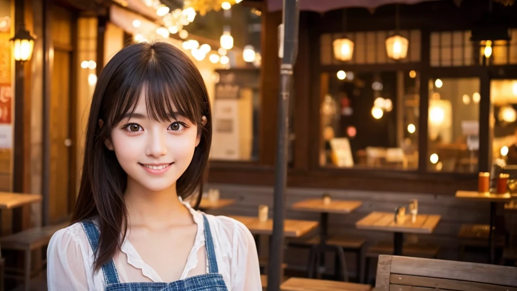 Cute girl working at a cafe terrace　Japanese　１９age　
Professional Lighting　Digital SLR　Beautiful and elaborate face　Perfect and beautiful face　Big eyes Smile