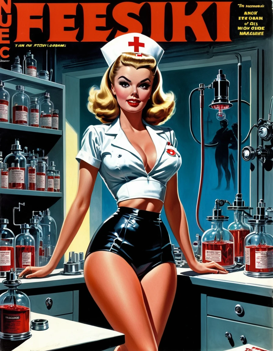 ((evil nurse in laboratory, nurse wearing black fetish nurse outfit, girl in underwear, blood of blood, human organs)) Mort Kunstler, Norman Saunders, Basil Gorgos, Frank Frazetta, Wally Wood, Bernie Wrightson, Mexican Fumetti style, 50s 60s aesthetic, Men's action magazine aesthetic, very vintage retro, lurid and vivid colors, soft lighting, medium contrast, HD, 8x, intricately detailed, action magazine, EC horror comics, ((Text, Fonts, Blurbs, FREAKY LOVE NURSE))