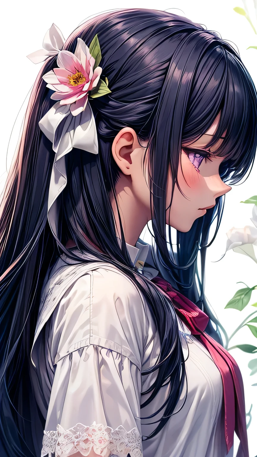 Highest quality, masterpiece, Very detailed, Detailed Background, One girl, alone, Long Hair, flower, Blue Hair, White Background, pink flower, Simple Background, profile, Upper Body, shirt, white shirt, white flower, bow, bangs, Purple eyes, leaf, blush