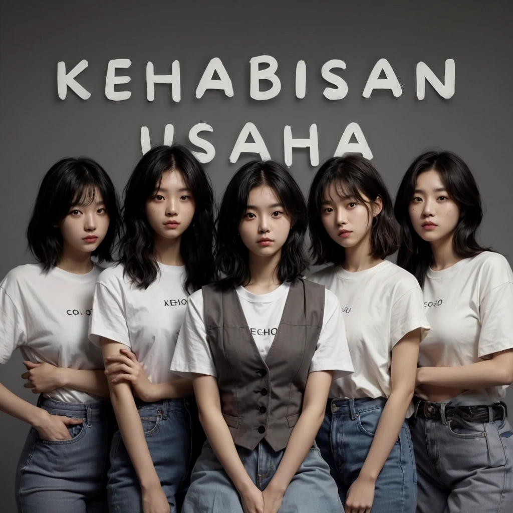 5 Korean girls standing in a line from right to left. Ages range from 16 to 20 years old. Medium black hair (((3 girls with messy hairstyles), (1 girl with a wavy bob hairstyle), (1 girl with a ponytail hairstyle))), medium chest size, medium arm size, perfect body. Wearing plain white t-shirts with the word "ECHO", wearing vests, serious expressions looking at the camera. Arms around each other's shoulders. Gray background.