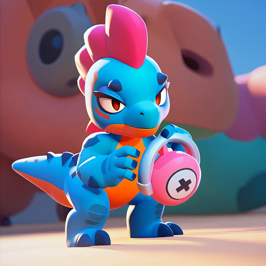 full view of a dinosaur, female, dark blue skin, friendly dinosaur, having pink and white buoy, dinosaur animal, brawl, brawl stars