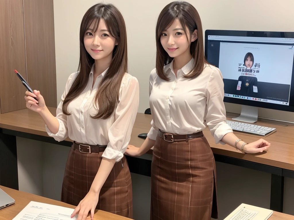 Japanese women、offece lady、30 years old、Check this out and get encouraged、Talk to、Formal attire、 long tight skirt、Fresh brown hair、Medium Bob、desk work、daytime office、On duty、laptop、document、Red ballpoint pen