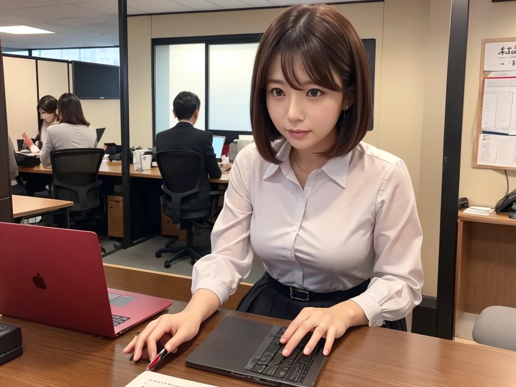 Japanese women、offece lady、30 years old、Check this out and get encouraged、Talk to、Formal attire、 long tight skirt、Fresh brown hair、Medium Bob、desk work、daytime office、On duty、laptop、document、Red ballpoint pen