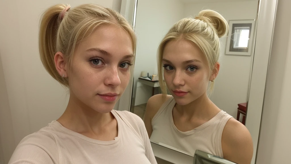 selfie in mirror, girl ponytail blondie