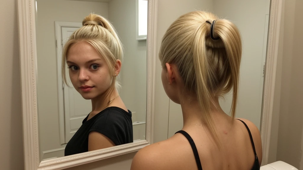 selfie in mirror, girl ponytail blondie