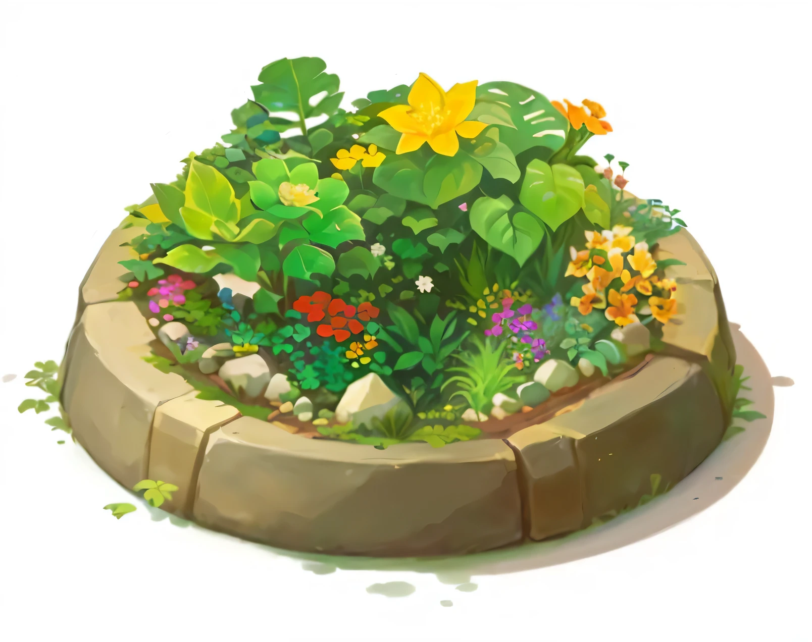 Cartoon image of a garden with flowers and plants, Magic glass container pictures, Its bowl is full of plants, Dofus, Flower environment, filled with plants and habitats, Many plants and flowers, lush garden spaceship, Covered with shiny spots, some plants, some plants, Fantasy magic vegetation, hippie pad, verdant plants