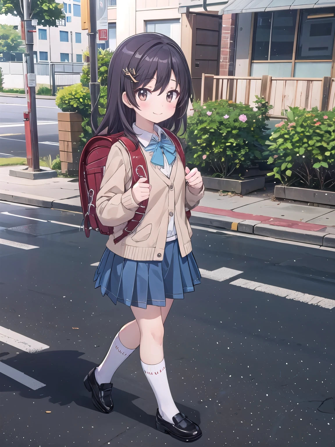 Masterpiece, hd, 1girl, nonhotaru, wearing white collared shirt, wearing brown cardigan, opened jacket, blue pleated skirt, white socks, black shoes, wearing randoseru backpack, (backpack:1.2),walking,smile, outdoor, standing, fullbody 