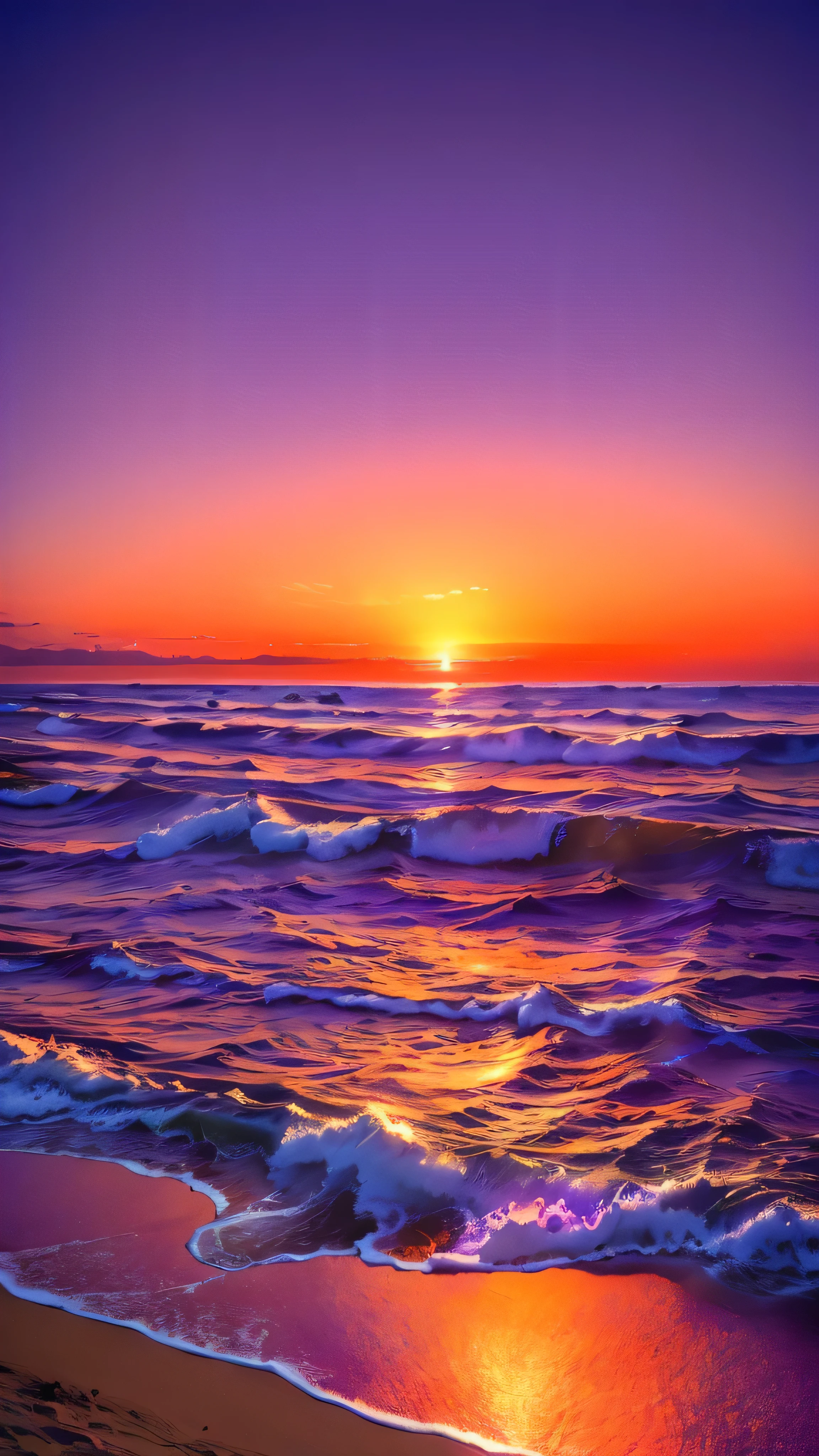 (masterpiece, Highest quality:1.4), Cinematic Light, colorful, High Contrast, neon, null, sunlight, null間, Beach, Wave, unmanned, Vast landscape photography, (a view from below that shows the null above and the sea below use a lot of purple and orange, detailed, Anime style with warm colors and vivid Japan