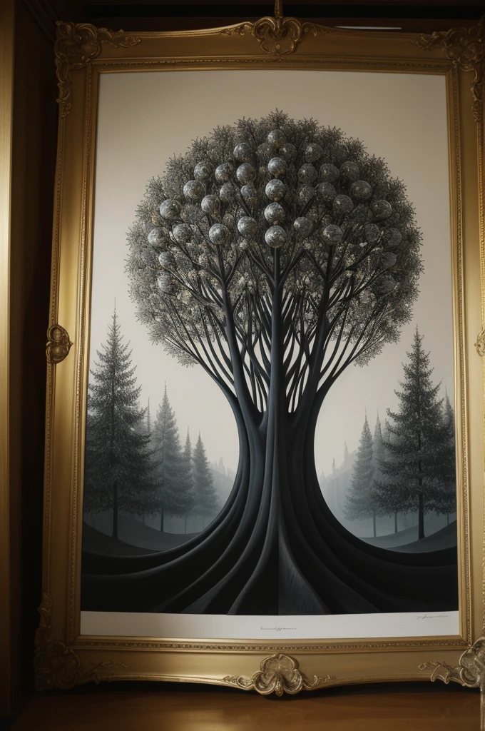 Nordic tree-shaped solitaire,Flat style, abstract artistic,Graphic design,symmetry, Math, Renaissance, Oil painting, 2D canvas, highly detailed, complex, Classic paint, Black monochrome, crystals, opulent, lap, gothic ornament, Graphic design