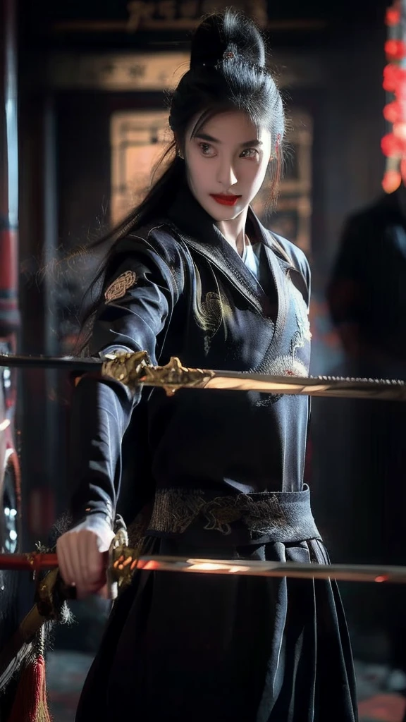 Wearing embroidered Chinese clothing,Dynamic Angle,view,Practical,Luminescence,
Xueer Embroidered Guard Uniform,1 Girl,Solitary focus,Holding a sword,have,Black Hair,Gloves,red Lips,Tassel background,Vague,Lips,Upper Body,Shut up,Long sleeve,
male focus,Solitary,Handsome_male,
