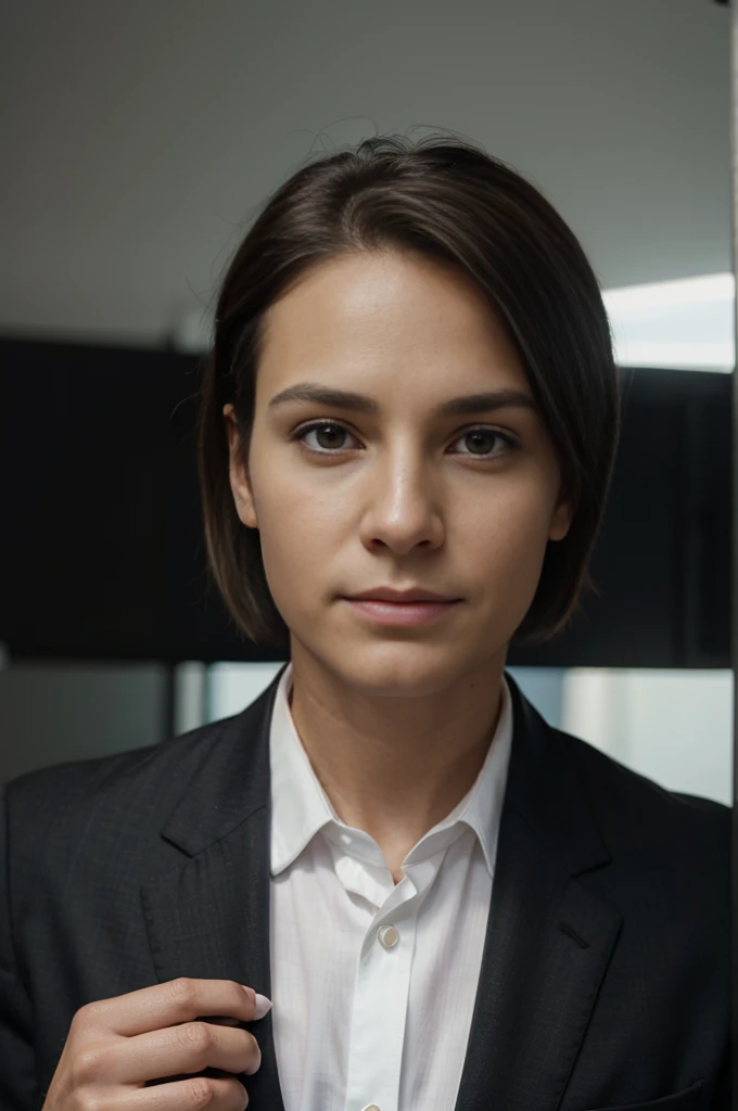 A white male lawyer in a business suit, professional profile photo, professional image, in a business suit, detailed professional photo, attorney, very professional, confident face, no smile, in a black business suit, detailed professional, in a business suit, 45 years old. The photo should be evenly lit with no shadows, a straight-on view like a document photo, showing the bust (head and shoulders), and with a short haircu