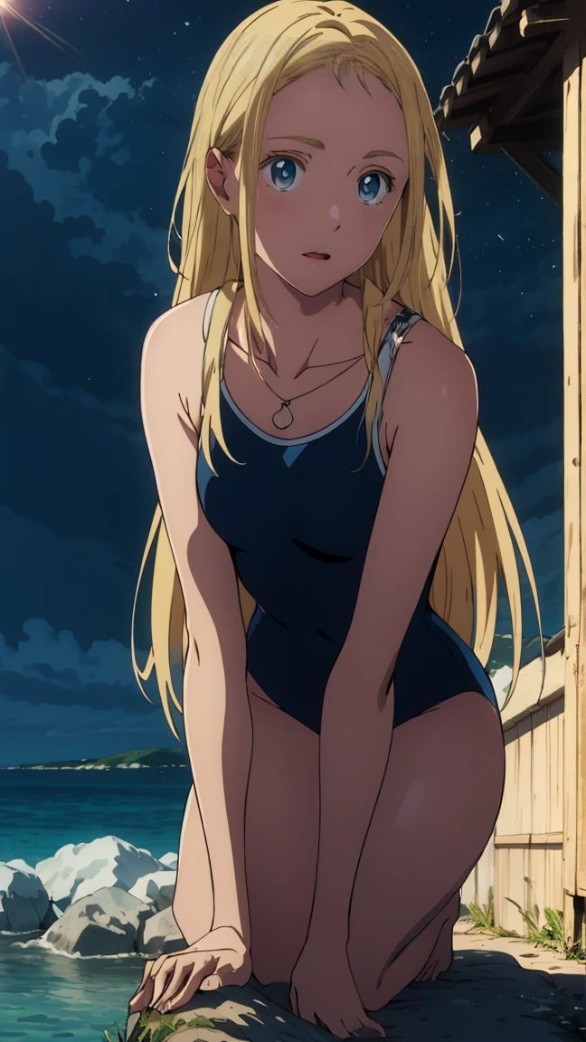 {{kofune ushio}}, {Daylight Saving Time Rendering}, Shining sky blue eyes, Long blonde hair, 17 years old, Medium chest, Blue one piece swimsuit, Bare shoulders, barefoot, School Swimsuit, (上面figure:1.2),(A face waiting for a kiss:1.3), (blush:1.5), One girl, alone,so beautiful, Highest quality, Great quality, curated, figure, Very detailed, Anime Coloring,close up face 
BREAK Very detailed, Official Art, unity 8k wallpaper, Night sea background break golden hour, (Rim Light):1.2, Warm tones, Solar flare, Soft Shadows, Vibrant colors, Painterly effect, Dream-like atmosphere BREAK Beautiful sea, Calm water, reflection, Clouds illuminated by the moon, Peaceful atmosphere, Beautiful starry sky, Very detailed, Official Art, unity 8k wallpaper , (Browsing Caution:1.3)