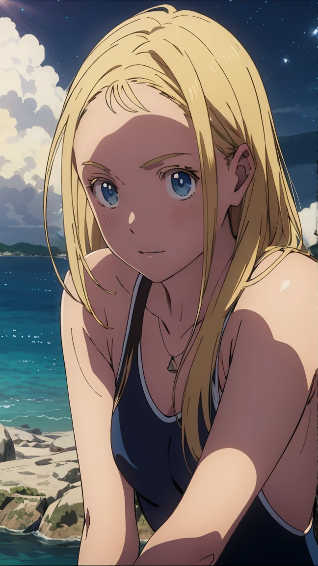 {{kofune ushio}}, {Daylight Saving Time Rendering}, Shining sky blue eyes, Long blonde hair, 17 years old, Medium chest, Blue one piece swimsuit, Bare shoulders, barefoot, School Swimsuit, (上面figure:1.2),(A face waiting for a kiss:1.3), (blush:1.5), One girl, alone,so beautiful, Highest quality, Great quality, curated, figure, Very detailed, Anime Coloring,close up face 
BREAK Very detailed, Official Art, unity 8k wallpaper, Night sea background break golden hour, (Rim Light):1.2, Warm tones, Solar flare, Soft Shadows, Vibrant colors, Painterly effect, Dream-like atmosphere BREAK Beautiful sea, Calm water, reflection, Clouds illuminated by the moon, Peaceful atmosphere, Beautiful starry sky, Very detailed, Official Art, unity 8k wallpaper , (Browsing Caution:1.3)