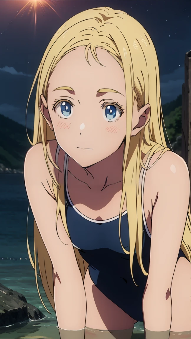 {{kofune ushio}}, {Daylight Saving Time Rendering}, Shining sky blue eyes, Long blonde hair, , Medium chest, Blue one piece swimsuit, Bare shoulders, barefoot, School Swimsuit, (上面figure:1.2),(A face waiting for a kiss:1.3), (blush:1.5), One girl, alone,so beautiful, Highest quality, Great quality, curated, figure, Very detailed, Anime Coloring,close up face
BREAK Very detailed, Official Art, unity 8k wallpaper, Night sea background break golden hour, (Rim Light):1.2, Warm tones, Solar flare, Soft Shadows, Vibrant colors, Painterly effect, Dream-like atmosphere BREAK Beautiful sea, Calm water, reflection, Clouds illuminated by the moon, Peaceful atmosphere, Beautiful starry sky, Very detailed, Official Art, unity 8k wallpaper , (Browsing Caution:1.3)