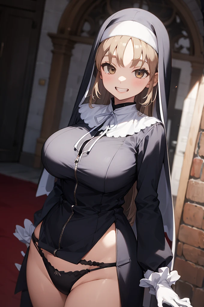 aasister, long hair, nun, habit, white capelet, neck ribbon, (black dress:1.2), long sleeves, white gloves, full-length zipper,big breasts,(((show panties))),grin