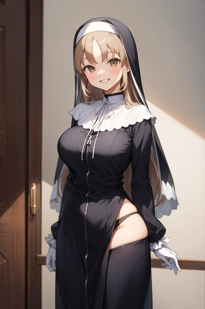 aasister, long hair, nun, habit, white capelet, neck ribbon, (black dress:1.2), long sleeves, white gloves, full-length zipper,big breasts,(((show panties))),grin