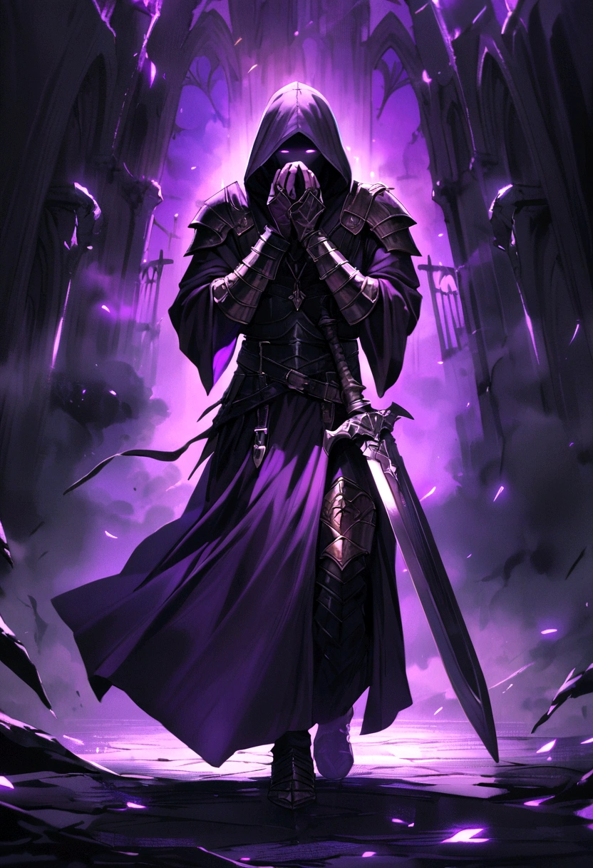 Priest Warrior, his two hands hold two large dark blades, that scratch the floor, Full body, Two purple lights come out of his eyes, dark fantasy style, Clothes and armor dyed black, with a hood, that covers his face