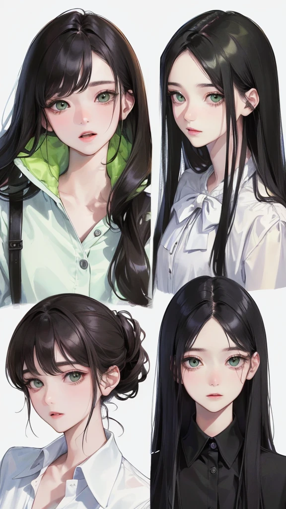 (Top resolution、Distinct_image)top-quality、female 、masterpiece、highly detailed、Semi-realistic、black hair , green eyes、18year old、young、smart Casual clothing、Exquisite facial features、Facial features、unique hairstyle, variations, potrait, white background, Cold expression