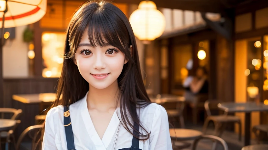 Cute girl working at a cafe terrace　Japanese　１９age　
Professional Lighting　Digital SLR　Beautiful and elaborate face　Perfect and beautiful face　Big eyes Smile