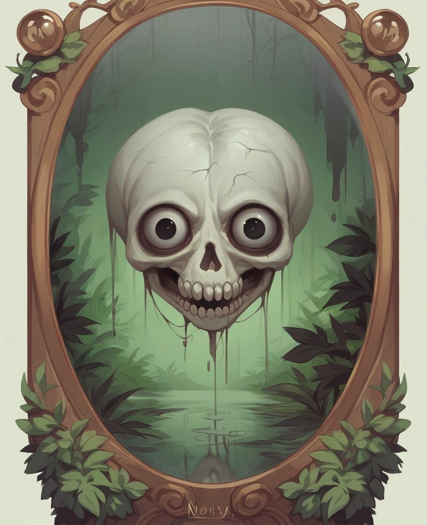Huge eye in the air.Necromorph blonde looks into the huge eye opposite her,like in a mirror, reflection,veins,bony hand,nature,skull waterfall,horror, mysticism phenomenon fantasy, realistically