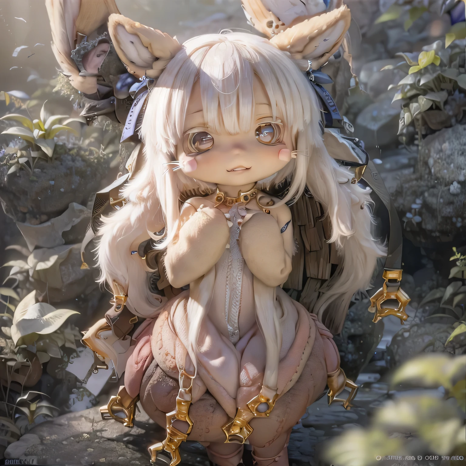 in the garden, Smiling girl, Similar to Nanachi from Made in Abyss. She is beautiful, Beautiful eyes and lips. girl (((Chibi Style,))) . Image quality is excellent, Highly detailed and realistic features. The medium of this work is、Combining illustration and photorealistic rendering.. The colors are vivid、The lighting creates a warm and bright atmosphere。Casual Full Body(((((Cute Dresses)))))Exposed chest and abdomen contrast sleep