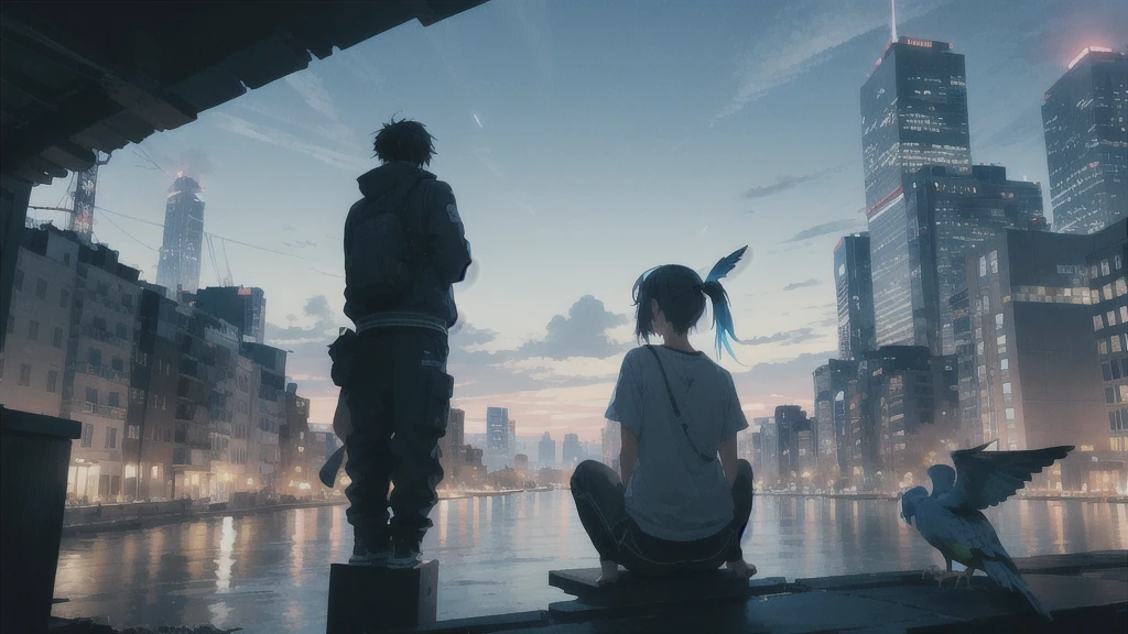 真っ暗なnight空,Octane, star (null), scenery, Blue parakeet,The acoustic guitar is in front of the body.,star, night, One Girl, Back view, alone, Outdoor, city,river,Blue parakeet,building, cloud, 天のriver, Sitting with knees held at chest height,silhouette