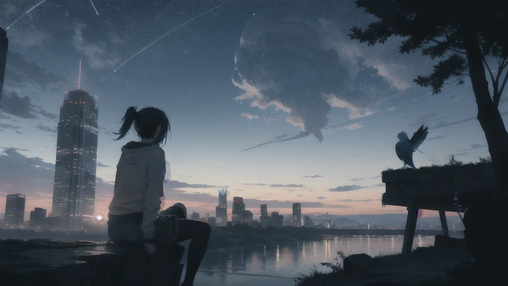 真っ暗なnight空,Octane, star (null), scenery, Blue parakeet,The acoustic guitar is in front of the body.,star, night, One Girl, Back view, alone, Outdoor, city,river,Blue parakeet,building, cloud, 天のriver, Sitting with knees held at chest height,silhouette