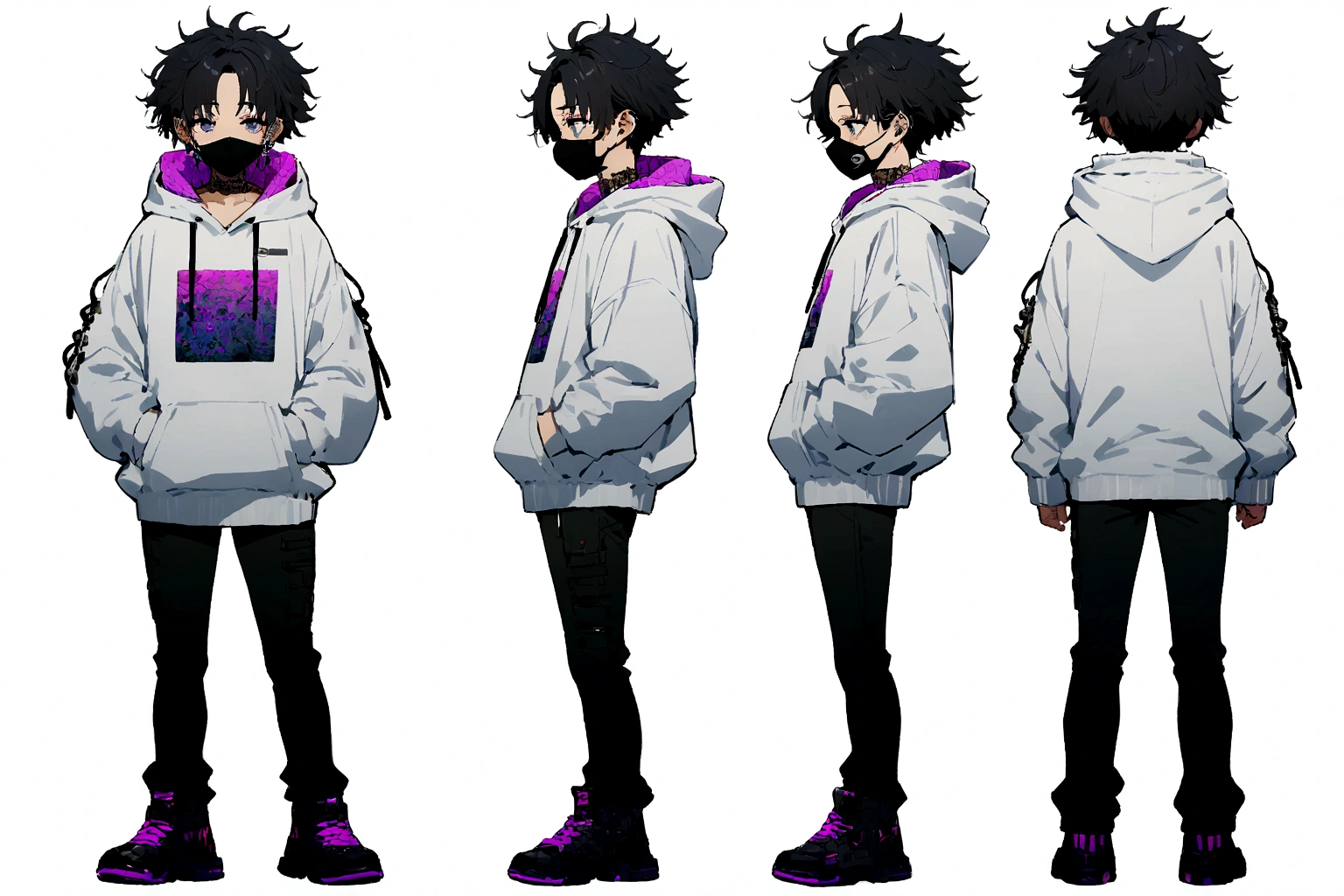 masterpiece,1man, tareme, black hair, mouth mask, full body, white background, simple background, very short hair, messy hair, hoodie, cyber punk,