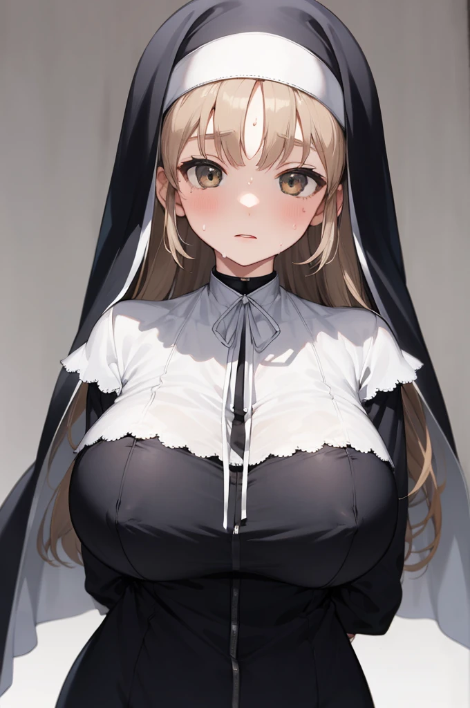 aasister, long hair, nun, habit, white capelet, neck ribbon, (body fit black dress:1.2), long sleeves, white gloves, erect nipple,(((huge breasts))),expressionless,sweating,
