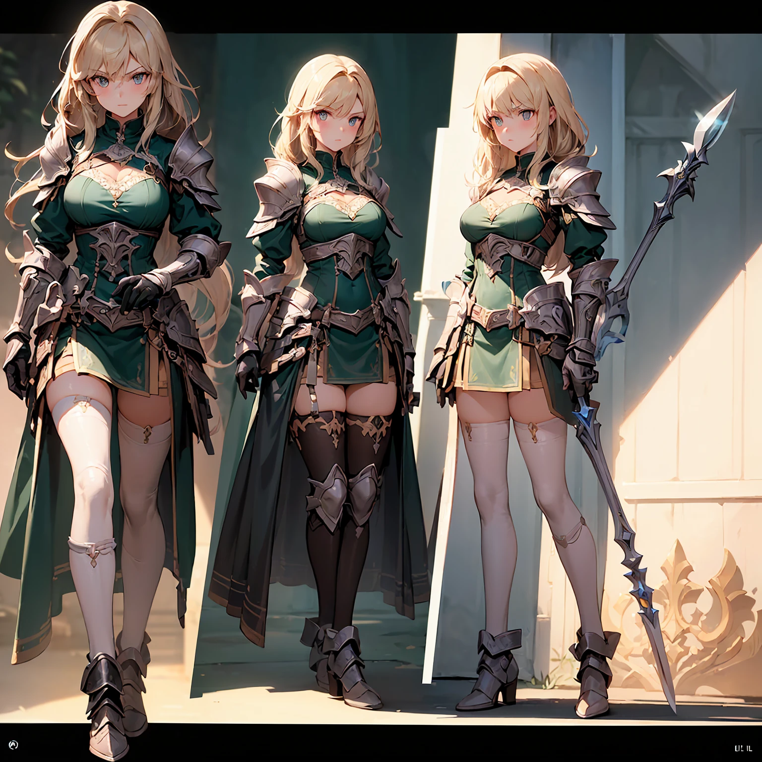 Design a layout showcase Gaming character, (1girl). Golden+Purle clothes, stylish and unique, ((showcase weapon:1.4)), magic staff, (masterpiece:1.2), (best quality), 4k, ultra-detailed, (Step by step design, layout art:1.5), (luminous lighting, atmospheric lighting), magican, ((glove full hands)), (((revealing clothes:1.3))), vambraces, armored legwear, (((full_body_shot:1.4)))