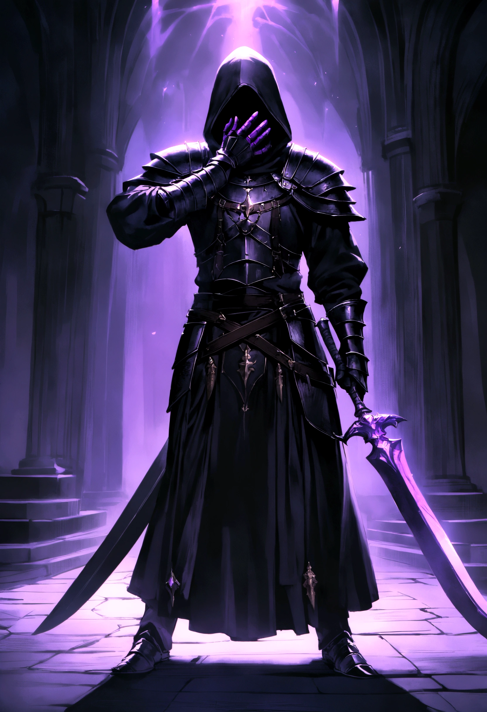 Priest Warrior, his two hands hold two large dark blades, that scratch the floor, Full body, Two purple lights come out of his eyes, dark fantasy style, Clothes and armor dyed black, with a hood, that covers his face