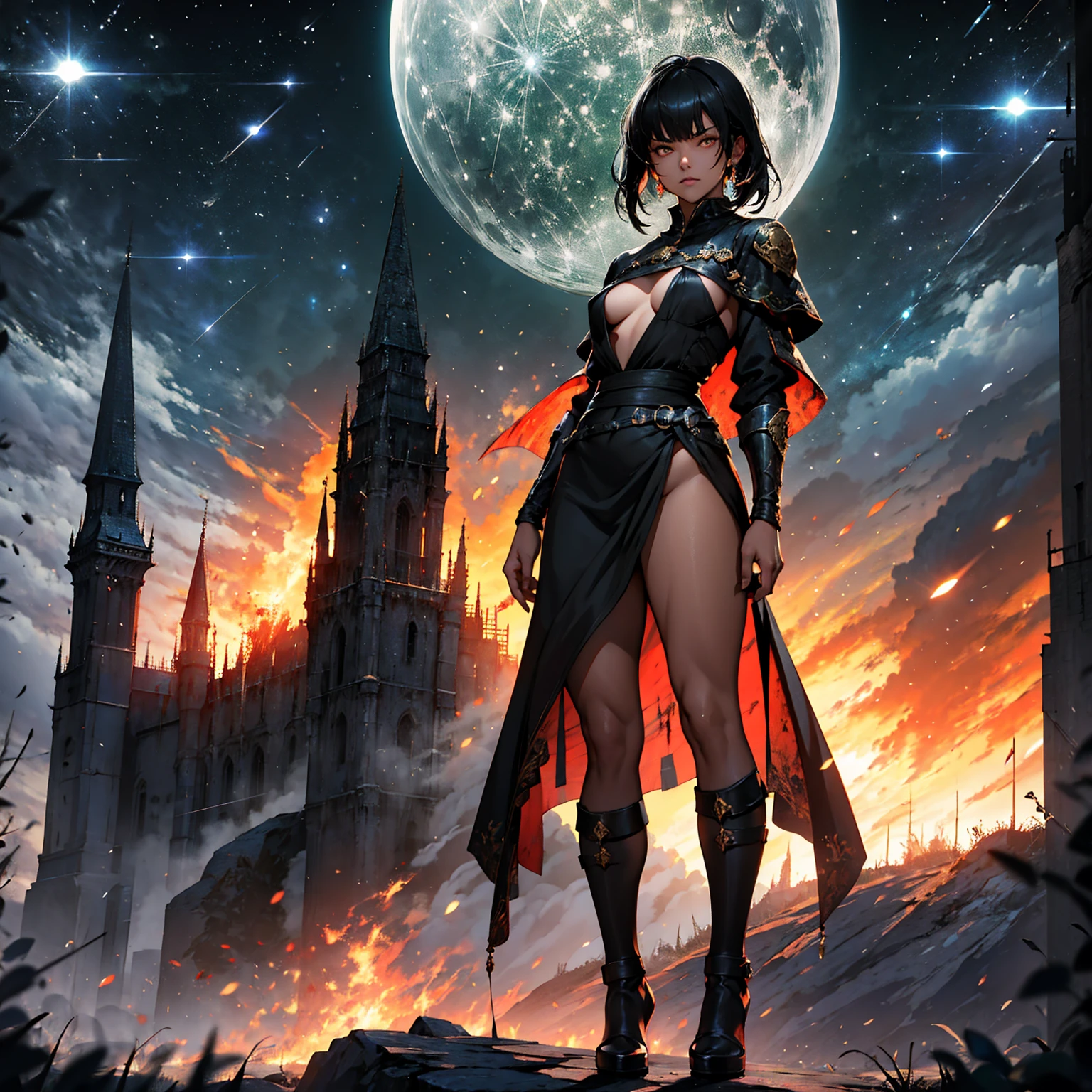 1girl (Solo), bob hair with bangs, black hair, flat chest, small size, golden eyes, tanned skin, serious face, covered blood, nude, full body, fire magic, night, white moon, medieval castle, mountain behind, very sexy body, detailed face, highly detailed, 8k, best quality, masterpiece, vibrant colors, digital art, concept art